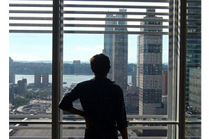 Photo: Bobby Allyn at the New York Times building, where he worked this summer as an intern.