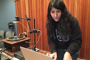 Jessie Rios works on her digital musical invention, the GramFX.