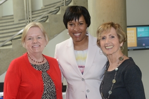 SPA Dean Barbara Romzek, left, and Connie Morella, right, ambassador-in-residence, and Muriel Bowser, SPA alum and Democratic candidate for DC mayor.