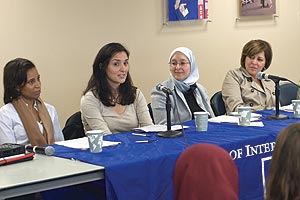 Photo from left: Kelly Pemberton, Diya Agha, Salma Elkadi Abugideiri, and Alma Jadallah at the SIS event, “Engaged Conversations”