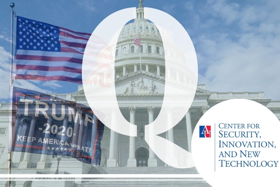 Image of the Capitol building with a translucent image of an American flag over a trump flag and a translucent Q in the middle. Photo Credit: Louis Velazquez (Capitol); Dalton Caraway (Flags)