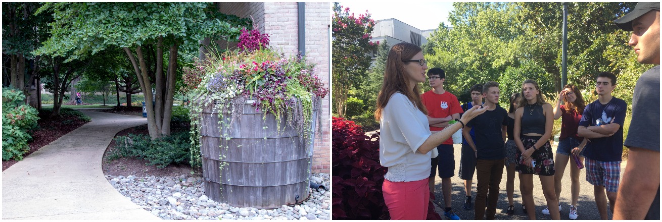 Sustainabilty Tour and rain barrel with flowers on top