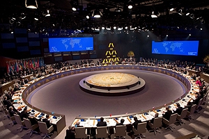 The circular seating inside the NATO headquarters.