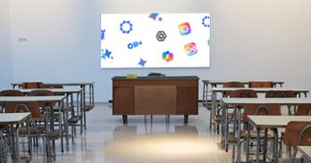 An empty classroom with AI icons on the smartboard.