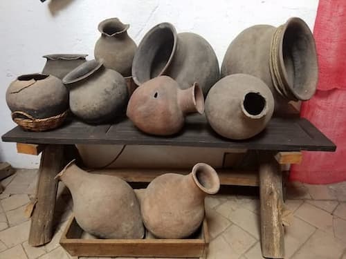 Pottery on display at a historic site, Cayambe.