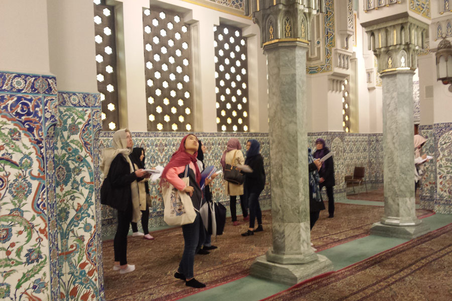 Students look around a mosque. See ARTH-396, Washington, DC Architecture.