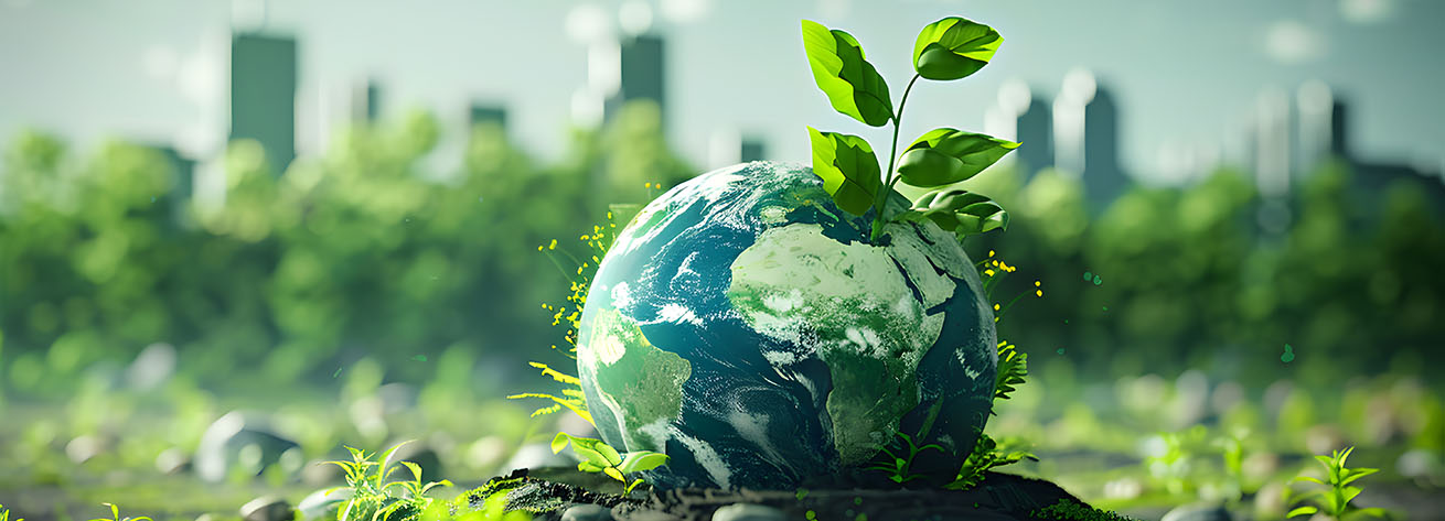 A plant sprouting from a small globe lying on a bed of moss with a futuristic city in the background