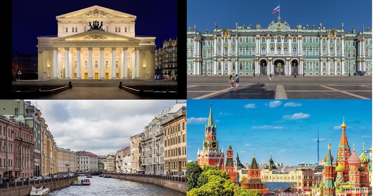 Landmarks from Moscow and St. Petersburg; Red Square, Bolshoi Theater, Winter Palace, Moika River