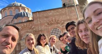 Student tour group selfie by the Hagia Sophia