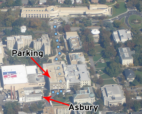 AU main driveway from Glover Gate at Massachusetts Ave to Bender parking deck and Asbury Building.