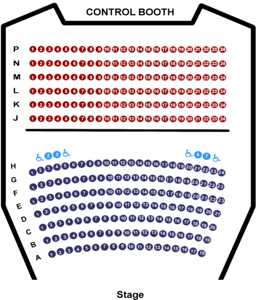 Greenberg Theatre seating chart with front rows A-G, row H with accessible seating, back rows J-P, and control both at rear.
