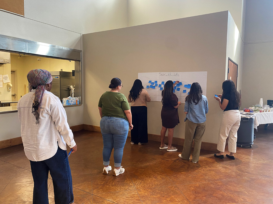 Community advisory board brainstorming activity adding post-it notes to the river of life.