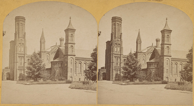Stereoscopic view of the Smithsonian Castle, 1860-1930, Library of Congress