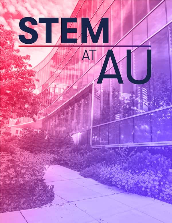 'STEM at AU' graphic with photo of AU's Hall of Science