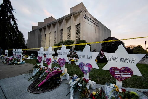 : Memorial at Pittsburgh’s Tree of Life Synagogue where, on 10/27/2018, an antisemite murdered 11 people.