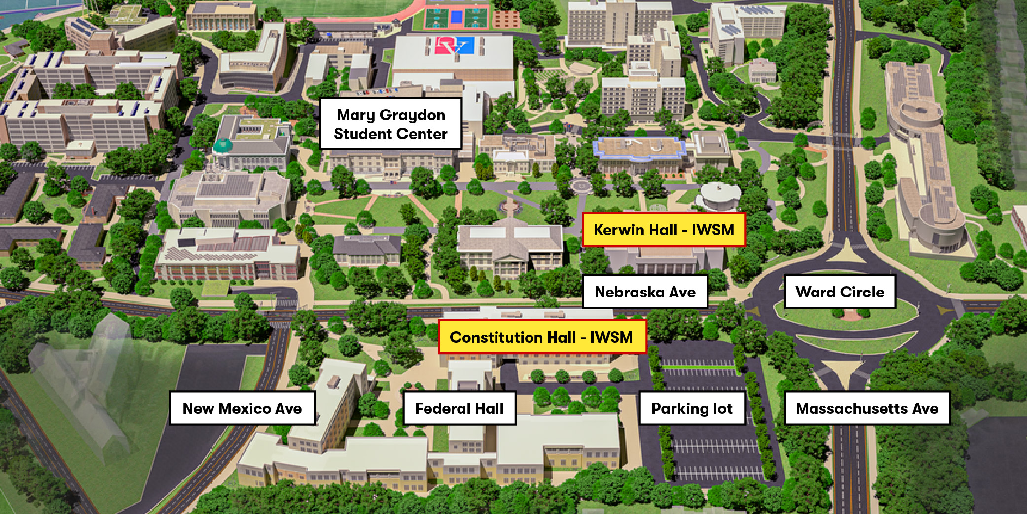 3d aerial rendering of American University with callouts for MGSC, Kerwin Hall, Constitution Hall, Federal Hall, and nearby streets.