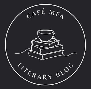 Steaming coffee cup with Cafe MFA literary blog.