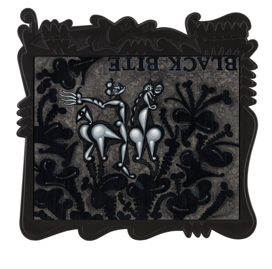 Two stylized figures appear: one vaguely human, one vaguely wolf. Both have prominent stylized buttocks. Toothed figures creep around them. The words "BLACK BITE" read upside down in the top right of the frame, which is cut in a fantastical shape.