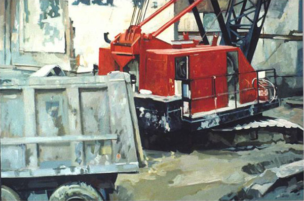 A large red crane on a grey industrial background. In the front left is the back of a dump truck.
