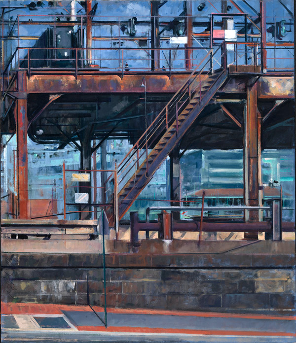 Painting of the rusted doors and staircase outside an electrical substation