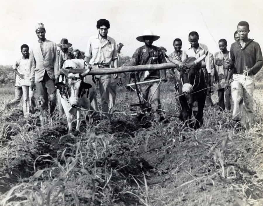 Harry Birnholz with farmers outside Logozohe, Zou Province, Benin, 1977