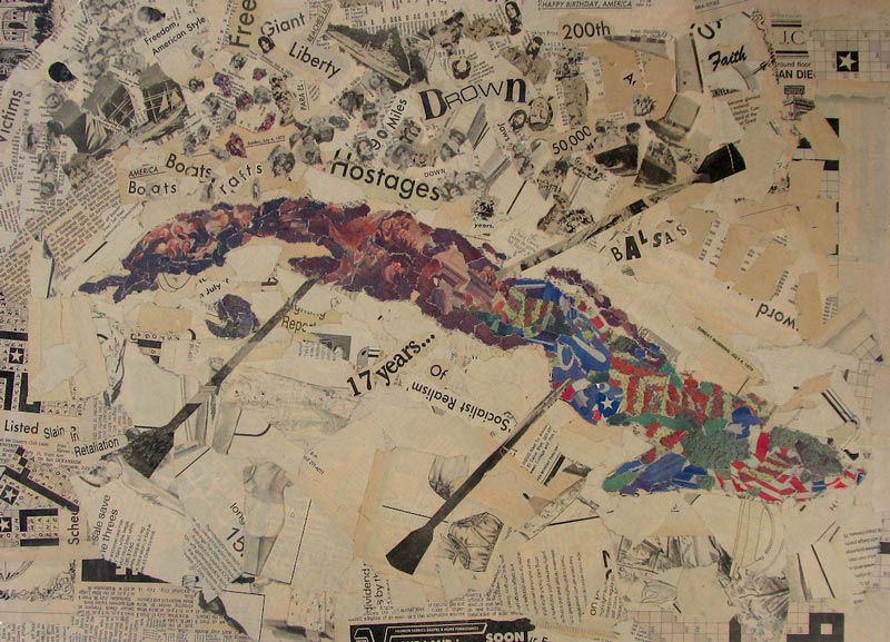 F. Lennox Campello, Isla Balsera (Happy Bicentennial American - Wishing We Were There). A collage of American imagery in the shape of Cuba. In the background, news clippings, with words concentrated towards the north.