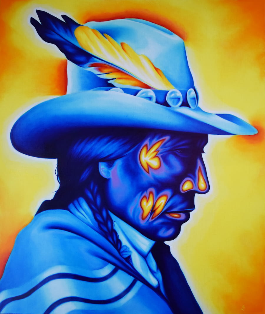 Robert Martinez (Northern Arapaho), Old Stories, 2022. Airbrushed acrylic and oil on linen 30 x 36 inches.
