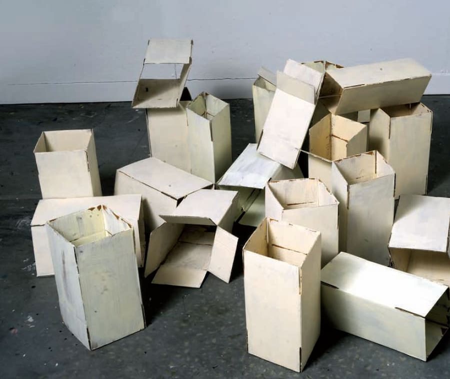 Miriam Mörsel Nathan, Zdenka, 2019, 21 painted cardboard boxes, 12 x 6 x 6 in. each.