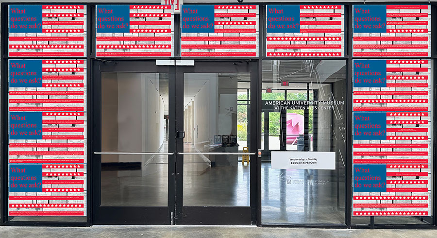 American flag vinyl flags on glass door of AU museum