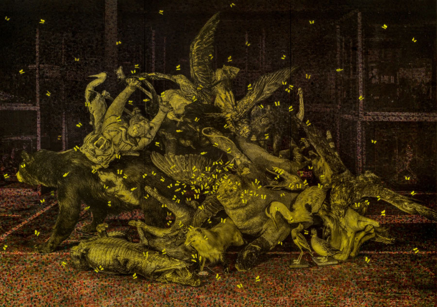 Ahn Chang-Hong, Paradise 2024 ‘1, 2024. A pile of animals in yellow and gray against a dark background surrounded by yellow butterflies.