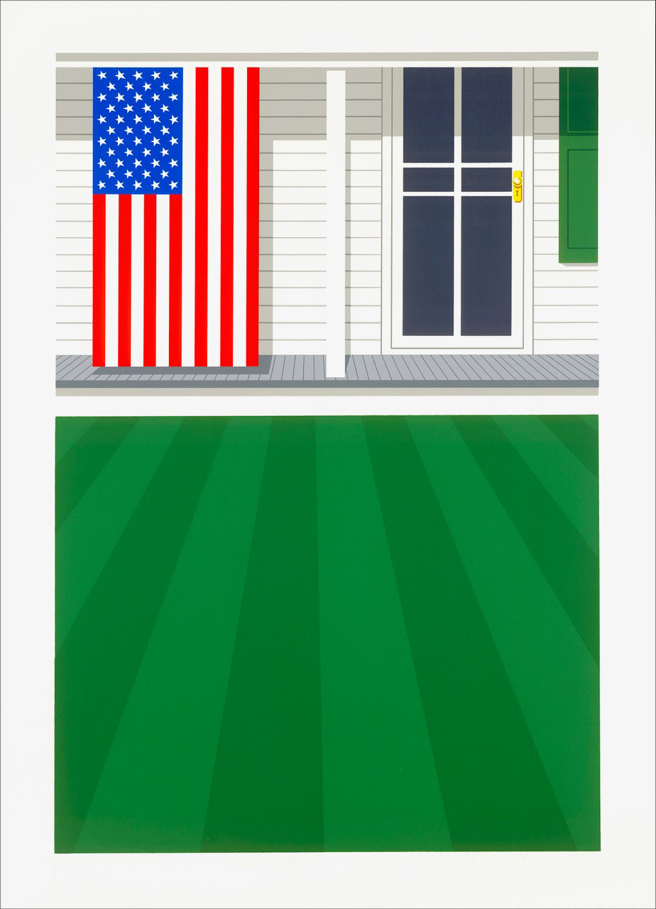 Striped green lawn leads to simple white porch with screen door and American flag.