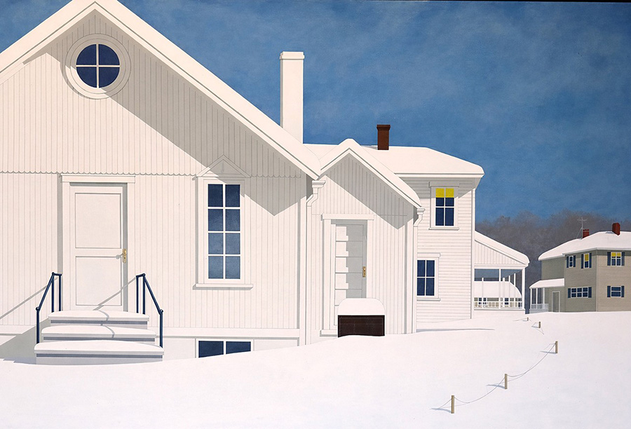 Starkly lit white houses in the snow