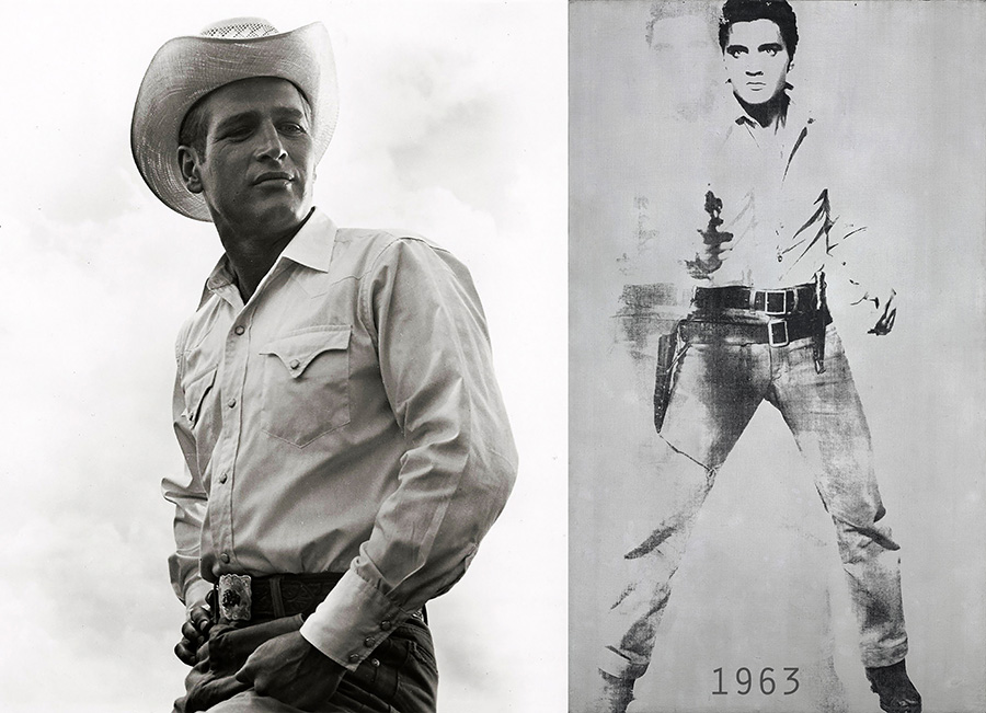 Film still of man dressed as cowboy from Hud, opposite work by Andy Warhol of Elvis holding a pistol. 
