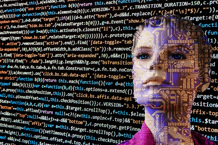 Woman's face superimposed with circuit boards, looking at code