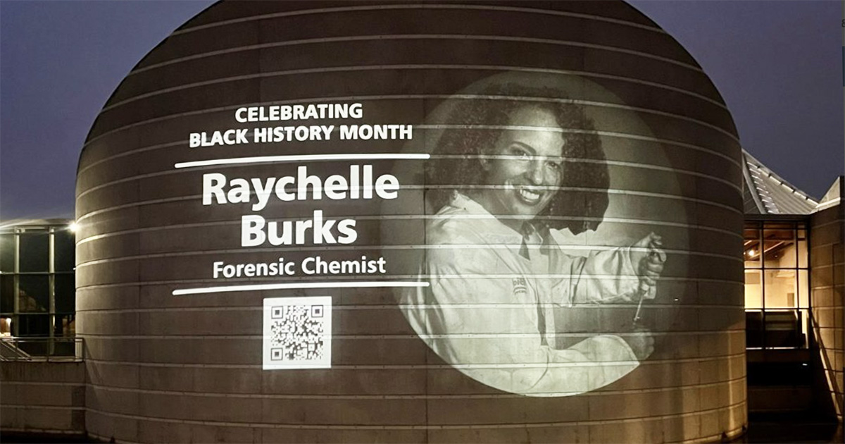 Raychelle Burks honored on the side of a building for Black History month