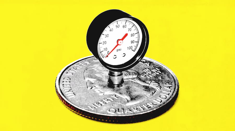 Editorial illustration of a quarter with a pressure gauge