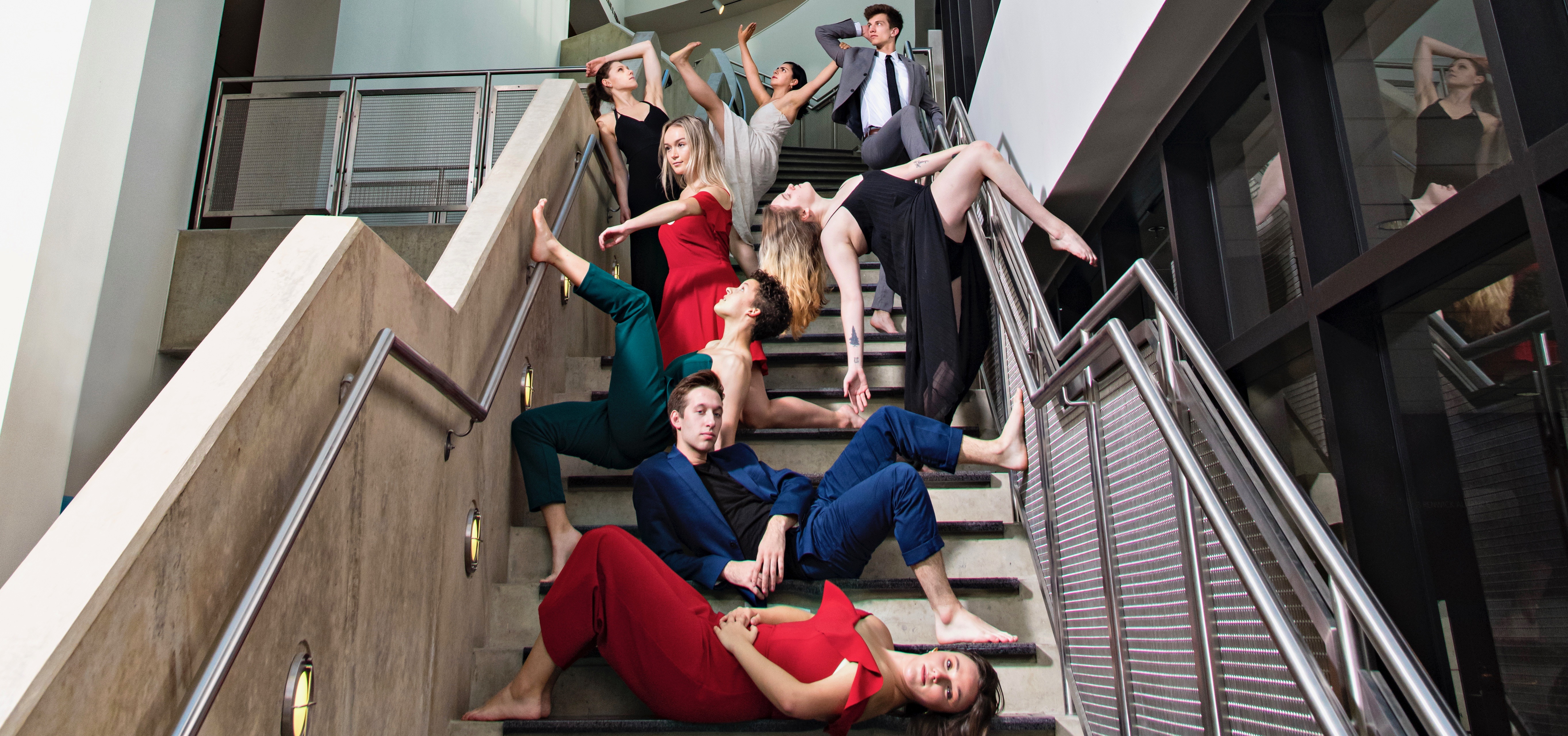 Senior Dance Majors pose on the stairs of the American University Museum