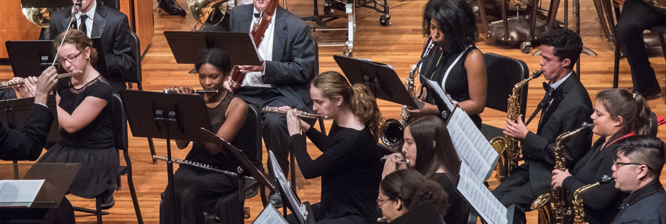 Onstage, members of a symphonic band play flute, oboe, and saxophone