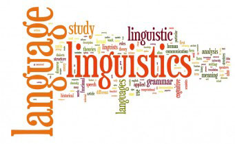 Word cloud of words related to linguistics such as langauge and grammar