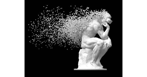 white version of Rodin's The Thinker wearing a VR headset and dissolving into pixels