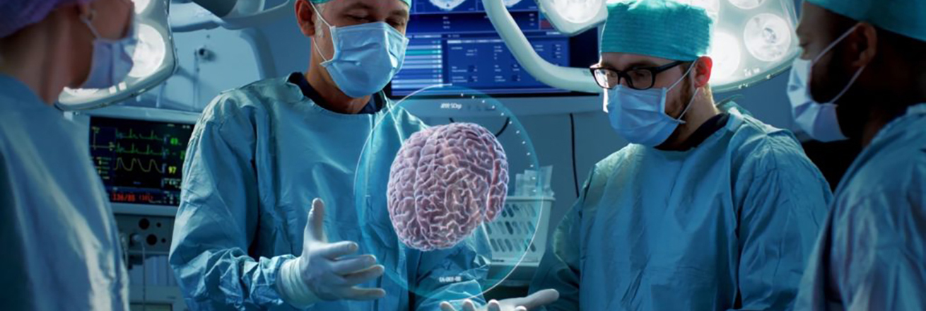 An image of neuroscientists gathered around an Augmented Reality brain.