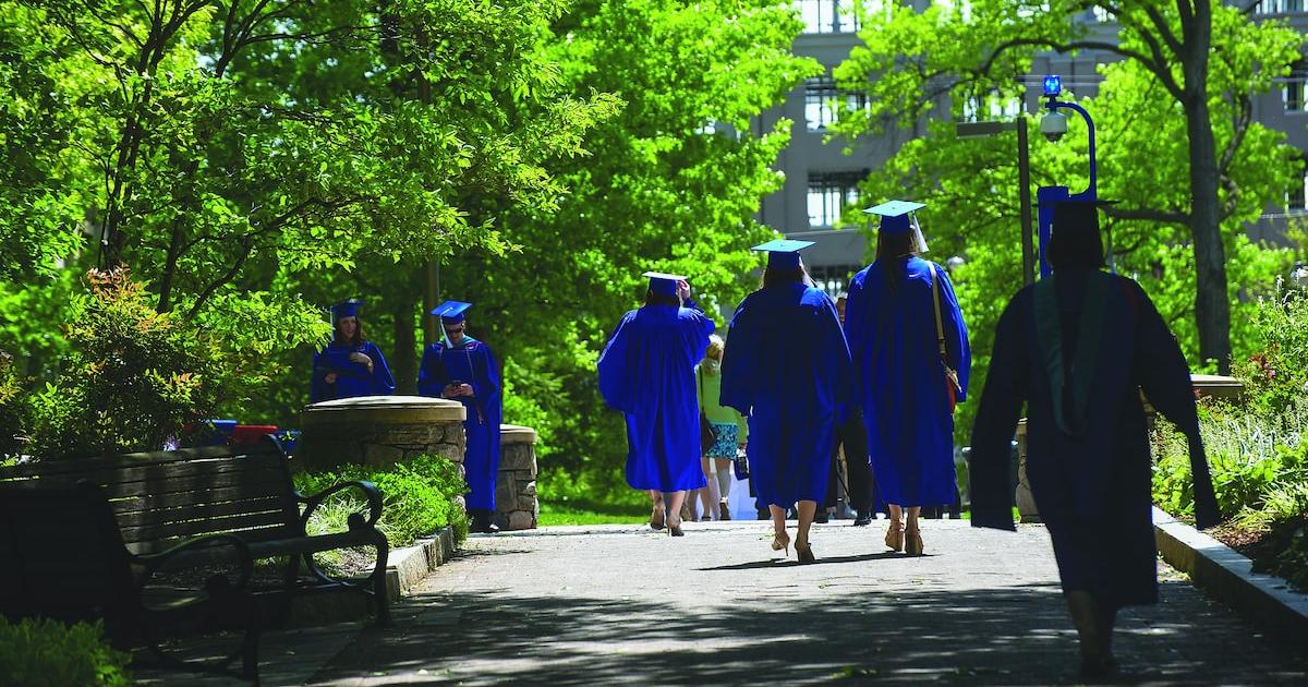Graduates walking down tree shaded lane