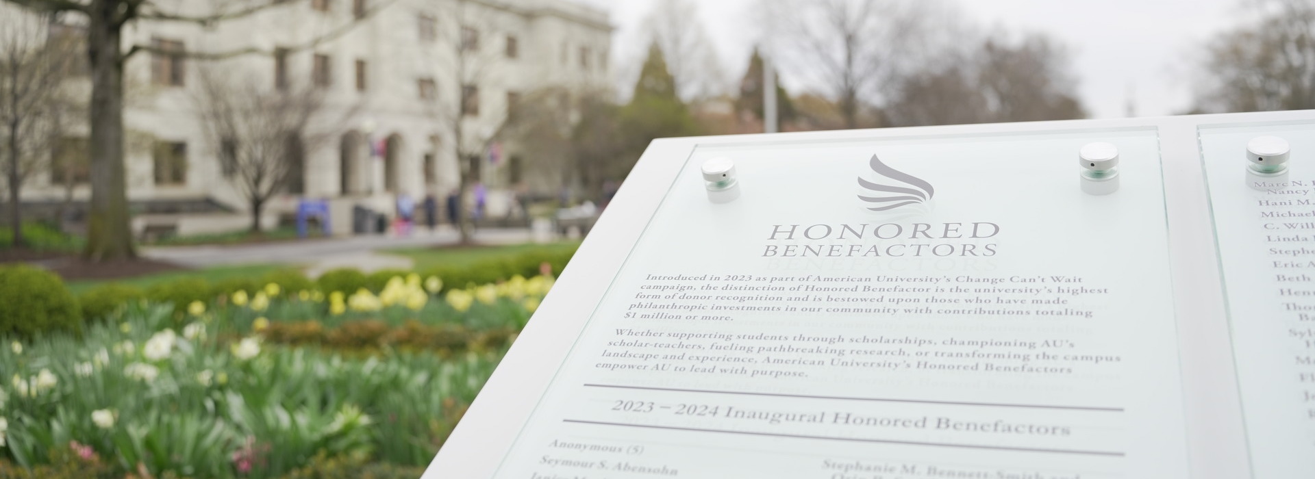 The Honored Benefactors Wall on campus.