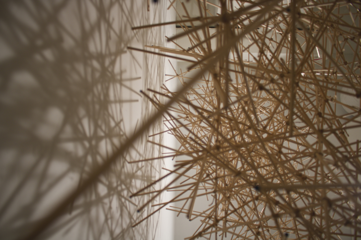 Closeup of Jennifer Frank's installation art, Rodified, made of birch dowels and twine.