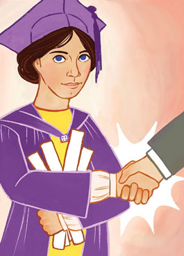 Alice shakes Woodrow Wilson's hand during college graduation.