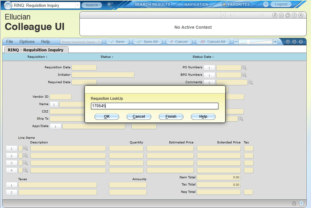 Requisition LookUp bar in RINQ screen