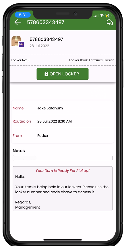 MyMailServices app notification that a package is ready for pick up from a locker. 