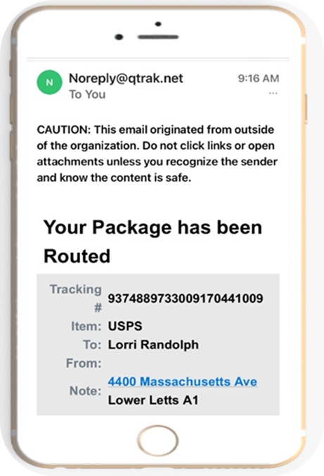 Phone with a message saying that a package is ready for pickup