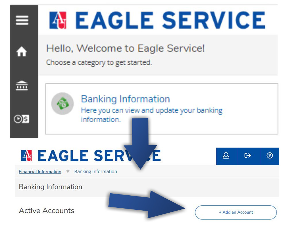 Screenshot of Banking information and Adding an Account in Eagle Service