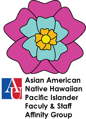 American University Asian American Native Hawaiian Pacific Islander Faculty and Staff Affinity Group. Flower with three layers logo, colors are pink, blue, orange, and yellow